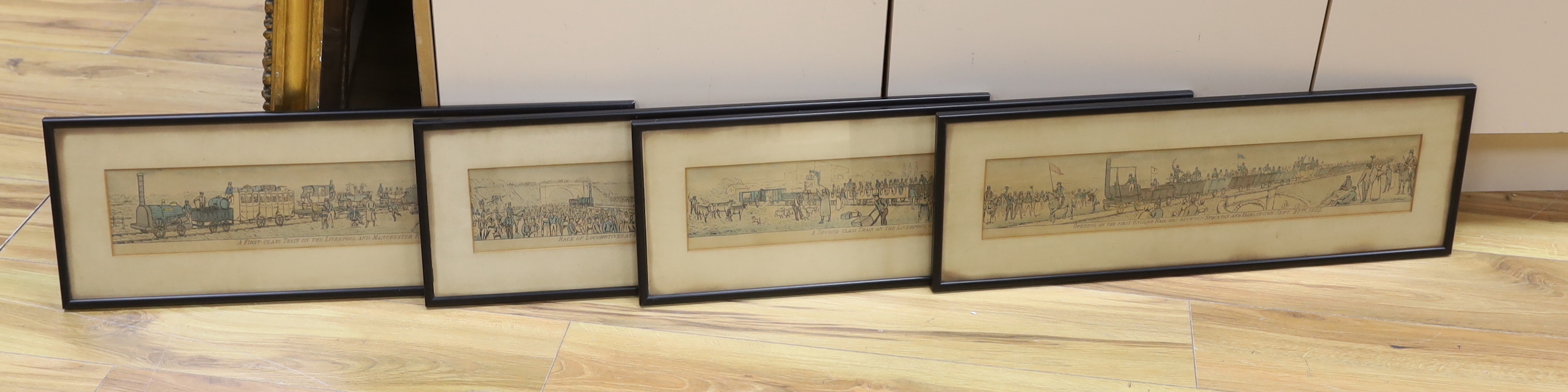 19th century, set of four colour railway lithographs including ‘First class train on the Liverpool and Manchester Railway, 1833’, 9.5 x 52cm